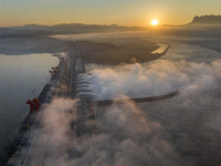 A spectacular view is showing the opening of the Three Gorges Dam to release floodwater in Yichang, Hubei province, China, on July 21, 2024....