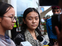 Mahima, a Nepali student who is returning from violence-hit Bangladesh, is speaking to the media upon arriving at Tribhuvan International Ai...