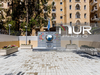 A monument for the 60 years of UNFICYP service in Cyprus is being seen in front of the Ledra Palace hotel in Nicosia, Cyprus, on July 20, 20...