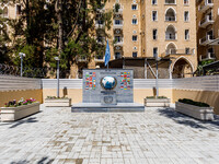 A monument for the 60 years of UNFICYP service in Cyprus is being seen in front of the Ledra Palace hotel in Nicosia, Cyprus, on July 20, 20...