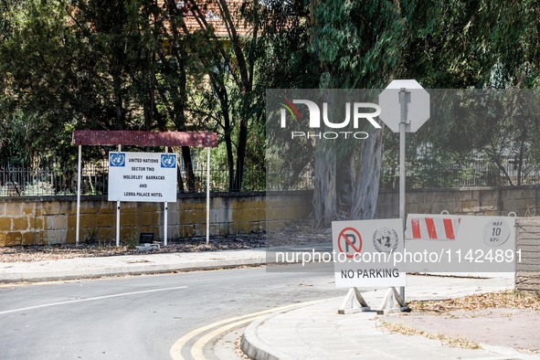 The UN barracks entrance is being seen near Ledra Palace checkpoint in Nicosia, Cyprus, on July 20, 2024. The Green Line (or buffer zone) is...