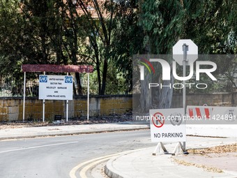 The UN barracks entrance is being seen near Ledra Palace checkpoint in Nicosia, Cyprus, on July 20, 2024. The Green Line (or buffer zone) is...