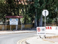 The UN barracks entrance is being seen near Ledra Palace checkpoint in Nicosia, Cyprus, on July 20, 2024. The Green Line (or buffer zone) is...