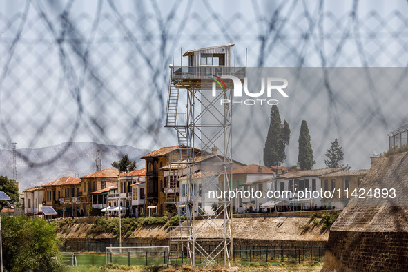 A UN outpost is being seen inside the buffer zone in Nicosia, Cyprus, on July 20, 2024. The Green Line (or buffer zone) is separating the is...