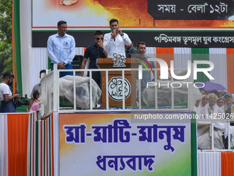 Trinamool Congress (TMC) leader Avhishek Banerjee is addressing the crowd during the annual martyrs' day rally held by the TMC party in Kolk...