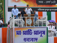 Trinamool Congress (TMC) leader Avhishek Banerjee is addressing the crowd during the annual martyrs' day rally held by the TMC party in Kolk...