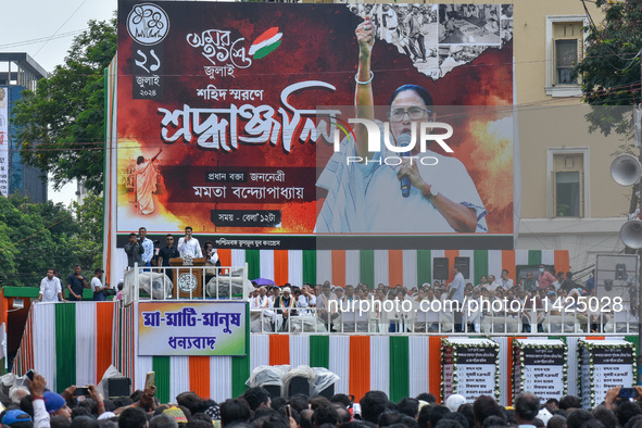 Trinamool Congress (TMC) leader Avhishek Banerjee is addressing the crowd during the annual martyrs' day rally held by the TMC party in Kolk...