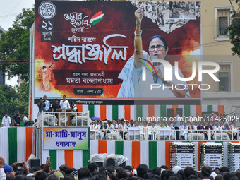 Trinamool Congress (TMC) leader Avhishek Banerjee is addressing the crowd during the annual martyrs' day rally held by the TMC party in Kolk...