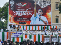 Trinamool Congress (TMC) leader Avhishek Banerjee is addressing the crowd during the annual martyrs' day rally held by the TMC party in Kolk...