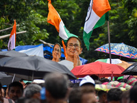 A large cutout of TMC supremo CM Mamata Banerjee is being seen at the annual martyrs' day rally held by the TMC party in Kolkata, India, on...