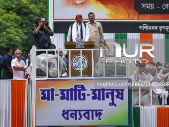 National President of the Samajwadi Party, Sri Akhilesh Yadav, is addressing the crowd during the annual Martyrs' Day rally held by the TMC...