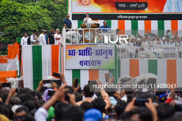 The Chief Minister of West Bengal and TMC supremo, Sri Mamata Banerjee, is addressing the crowd during the annual Martyrs' Day rally held by...