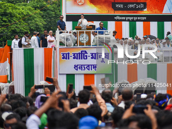 The Chief Minister of West Bengal and TMC supremo, Sri Mamata Banerjee, is addressing the crowd during the annual Martyrs' Day rally held by...