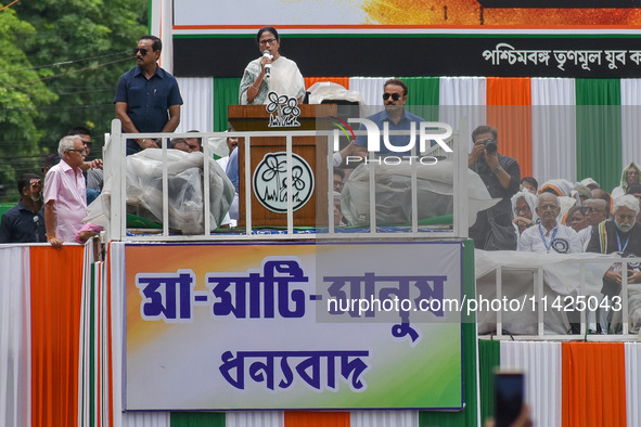 The Chief Minister of West Bengal and TMC supremo, Sri Mamata Banerjee, is addressing the crowd during the annual Martyrs' Day rally held by...