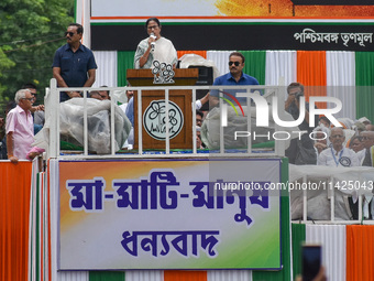 The Chief Minister of West Bengal and TMC supremo, Sri Mamata Banerjee, is addressing the crowd during the annual Martyrs' Day rally held by...