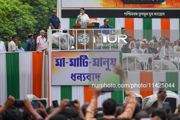 The Chief Minister of West Bengal and TMC supremo, Sri Mamata Banerjee, is addressing the crowd during the annual Martyrs' Day rally held by...