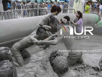 Visitors are playing in a mud pool at Mud Festival Park in Boryeong, South Korea. The Boryeong Mud Festival is an annual festival that takes...