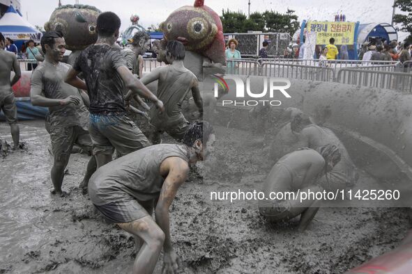 Visitors are playing in a mud pool at Mud Festival Park in Boryeong, South Korea. The Boryeong Mud Festival is an annual festival that takes...