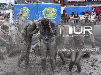 Visitors are playing in a mud pool at Mud Festival Park in Boryeong, South Korea. The Boryeong Mud Festival is an annual festival that takes...