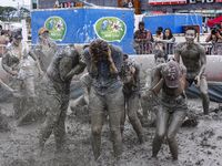 Visitors are playing in a mud pool at Mud Festival Park in Boryeong, South Korea. The Boryeong Mud Festival is an annual festival that takes...