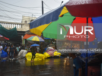 People are walking on the street in the rain in Kolkata, India, on July 21, 2024. (