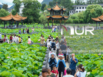 Visitors are viewing lotus flowers in full bloom at Zhaodi National Wetland Park in Anlong County, Qianxinan Buyi and Miao autonomous Prefec...