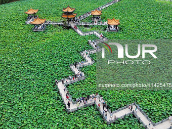 Visitors are viewing lotus flowers in full bloom at Zhaodi National Wetland Park in Anlong County, Qianxinan Buyi and Miao autonomous Prefec...