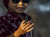 A child is holding an olive ridley turtle hatchling (Lepidochelys Olivacea) before releasing it into the wild at Goa Cemara Beach, Bantul, Y...