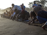 People are releasing the olive ridley turtle hatchlings (Lepidochelys Olivacea) at Goa Cemara Beach, Bantul, Yogyakarta, Indonesia, on July...