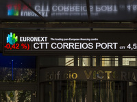 A screen with stock values in red is displaying at the Lisbon Stock Exchange building in Lisbon, Portugal, on July 21, 2024. An interruption...