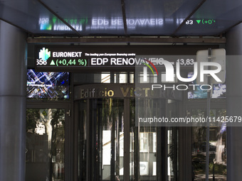 A screen is being seen at the Lisbon Stock Exchange building on July 21, 2024, in Lisbon, Portugal. An interruption of Microsoft systems, re...