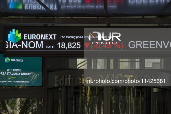 A screen is being seen at the Lisbon Stock Exchange building on July 21, 2024, in Lisbon, Portugal. An interruption of Microsoft systems, re...