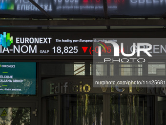 A screen is being seen at the Lisbon Stock Exchange building on July 21, 2024, in Lisbon, Portugal. An interruption of Microsoft systems, re...