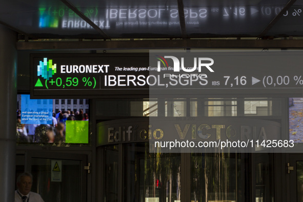 A screen is being seen at the Lisbon Stock Exchange building on July 21, 2024, in Lisbon, Portugal. An interruption of Microsoft systems, re...