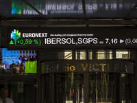 A screen is being seen at the Lisbon Stock Exchange building on July 21, 2024, in Lisbon, Portugal. An interruption of Microsoft systems, re...