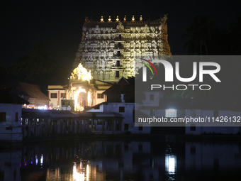 The historic Sree Padmanabhaswamy Temple is being seen during the night of the Vishu Festival in Thiruvananthapuram (Trivandrum), Kerala, In...