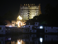 The historic Sree Padmanabhaswamy Temple is being seen during the night of the Vishu Festival in Thiruvananthapuram (Trivandrum), Kerala, In...