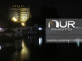 The historic Sree Padmanabhaswamy Temple is being seen during the night of the Vishu Festival in Thiruvananthapuram (Trivandrum), Kerala, In...