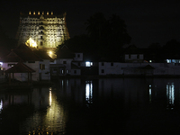 The historic Sree Padmanabhaswamy Temple is being seen during the night of the Vishu Festival in Thiruvananthapuram (Trivandrum), Kerala, In...