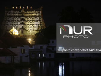 The historic Sree Padmanabhaswamy Temple is being seen during the night of the Vishu Festival in Thiruvananthapuram (Trivandrum), Kerala, In...