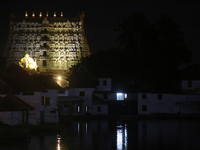 The historic Sree Padmanabhaswamy Temple is being seen during the night of the Vishu Festival in Thiruvananthapuram (Trivandrum), Kerala, In...