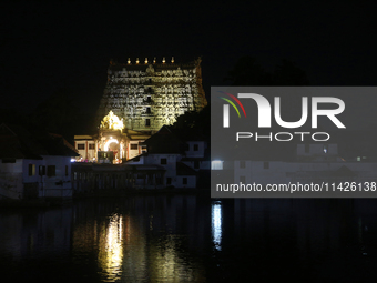 The historic Sree Padmanabhaswamy Temple is being seen during the night of the Vishu Festival in Thiruvananthapuram (Trivandrum), Kerala, In...