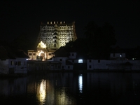 The historic Sree Padmanabhaswamy Temple is being seen during the night of the Vishu Festival in Thiruvananthapuram (Trivandrum), Kerala, In...