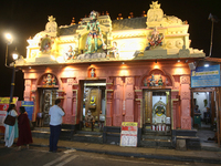 Devotees are offering prayers at the Sree Hanuman Swamy Temple during the night of the Vishu Festival in Thiruvananthapuram (Trivandrum), Ke...