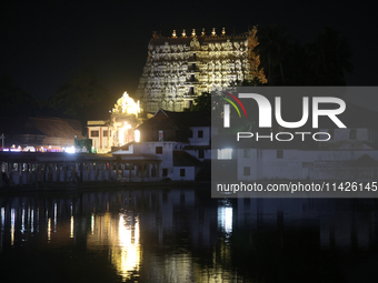 The historic Sree Padmanabhaswamy Temple is being seen during the night of the Vishu Festival in Thiruvananthapuram (Trivandrum), Kerala, In...