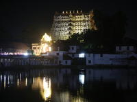 The historic Sree Padmanabhaswamy Temple is being seen during the night of the Vishu Festival in Thiruvananthapuram (Trivandrum), Kerala, In...