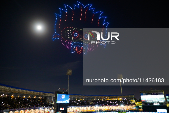 Sri Lanka cricket is displaying a drone show during the LPL final match in Colombo, Sri Lanka, on July 21, 2024. 