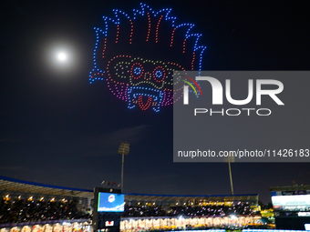 Sri Lanka cricket is displaying a drone show during the LPL final match in Colombo, Sri Lanka, on July 21, 2024. (