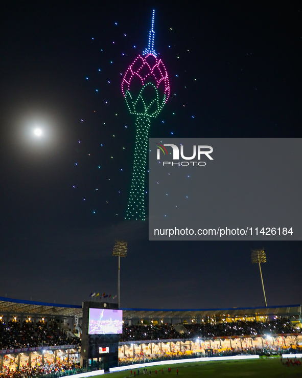 Sri Lanka cricket is displaying a drone show during the LPL final match in Colombo, Sri Lanka, on July 21, 2024. 