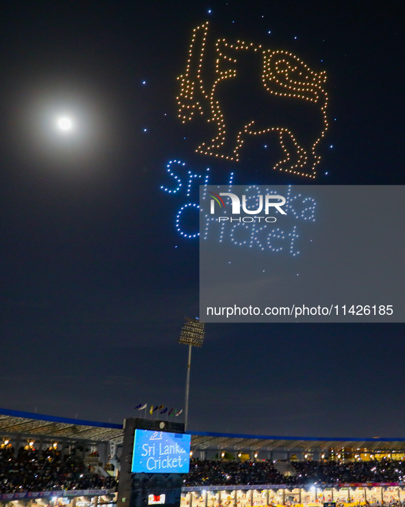 Sri Lanka cricket is displaying a Sri Lanka cricket logo at the drone show during the LPL final match in Colombo, Sri Lanka, on July 21, 202...